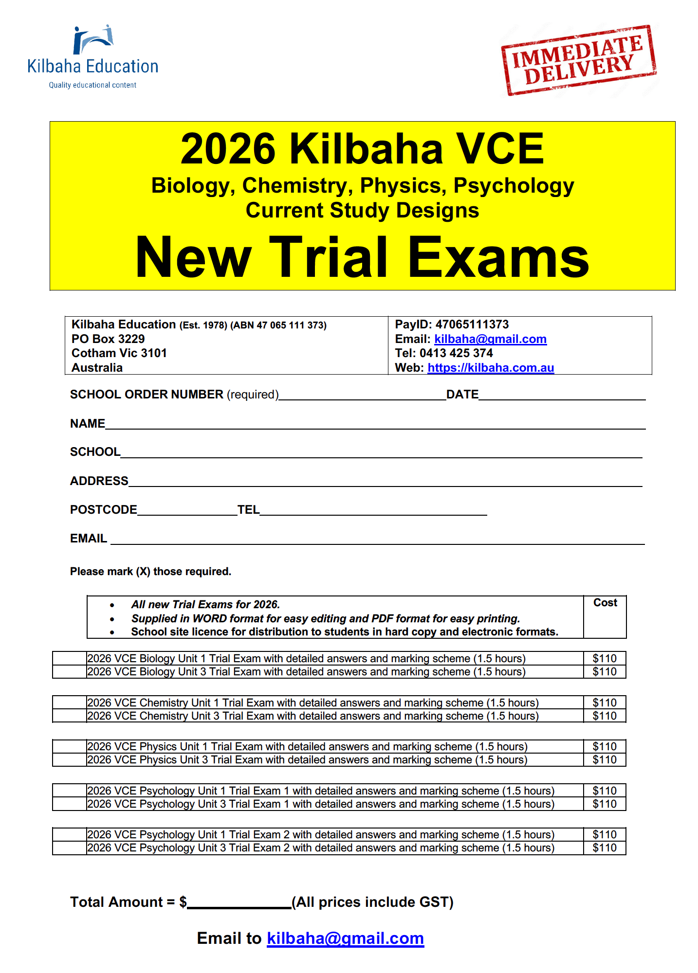 2026 Kilbaha VCE Exams for Units 1 and 3