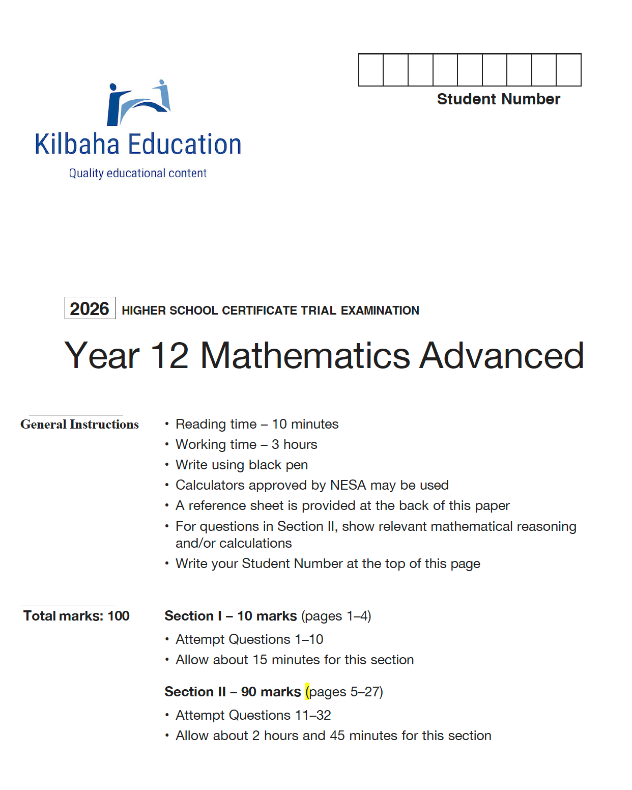 2026 NSW HSC Year 12 Mathematics Advanced  - Trial Examination