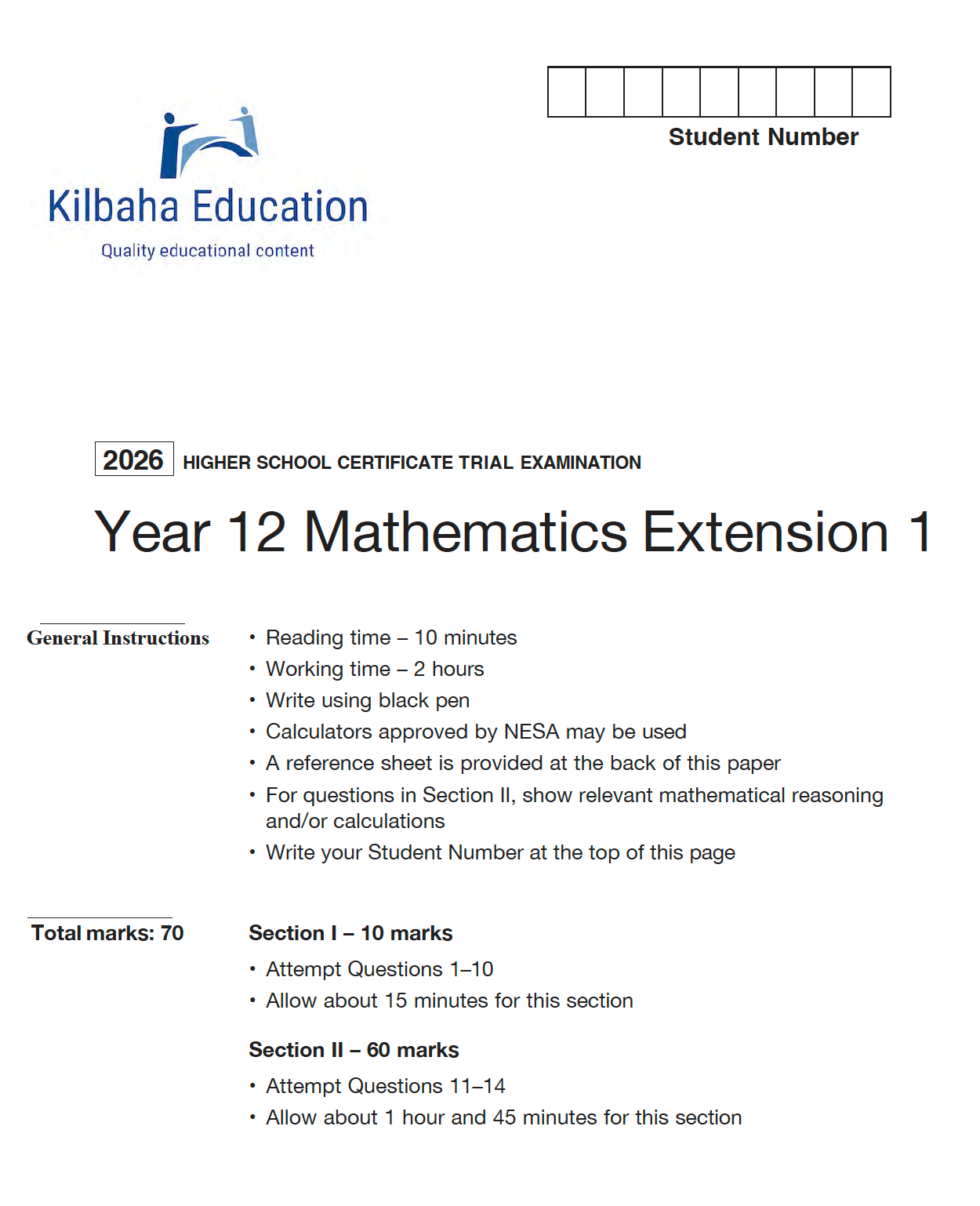 2026 NSW HSC Year 12 Mathematics Extension 1 - Trial Examination
