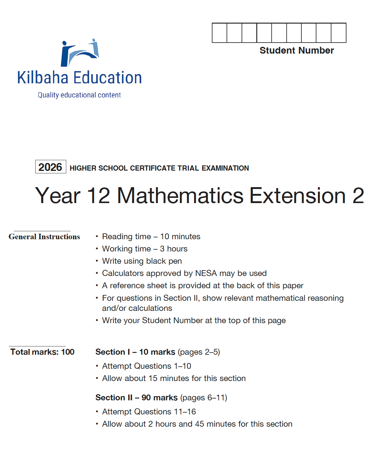 2026 NSW HSC Year 12 Mathematics Extension 2 - Trial Examination