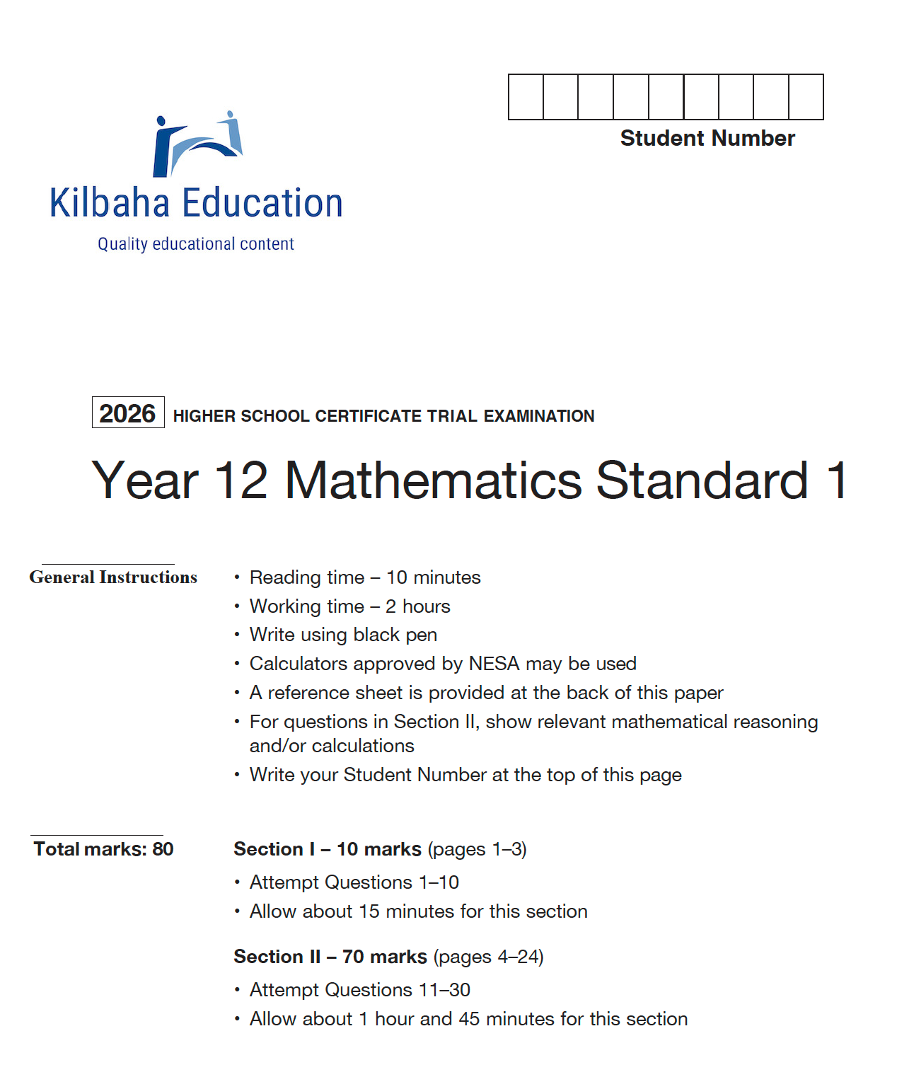 2026 NSW HSC Year 12 Mathematics Standard 1  - Trial Examination
