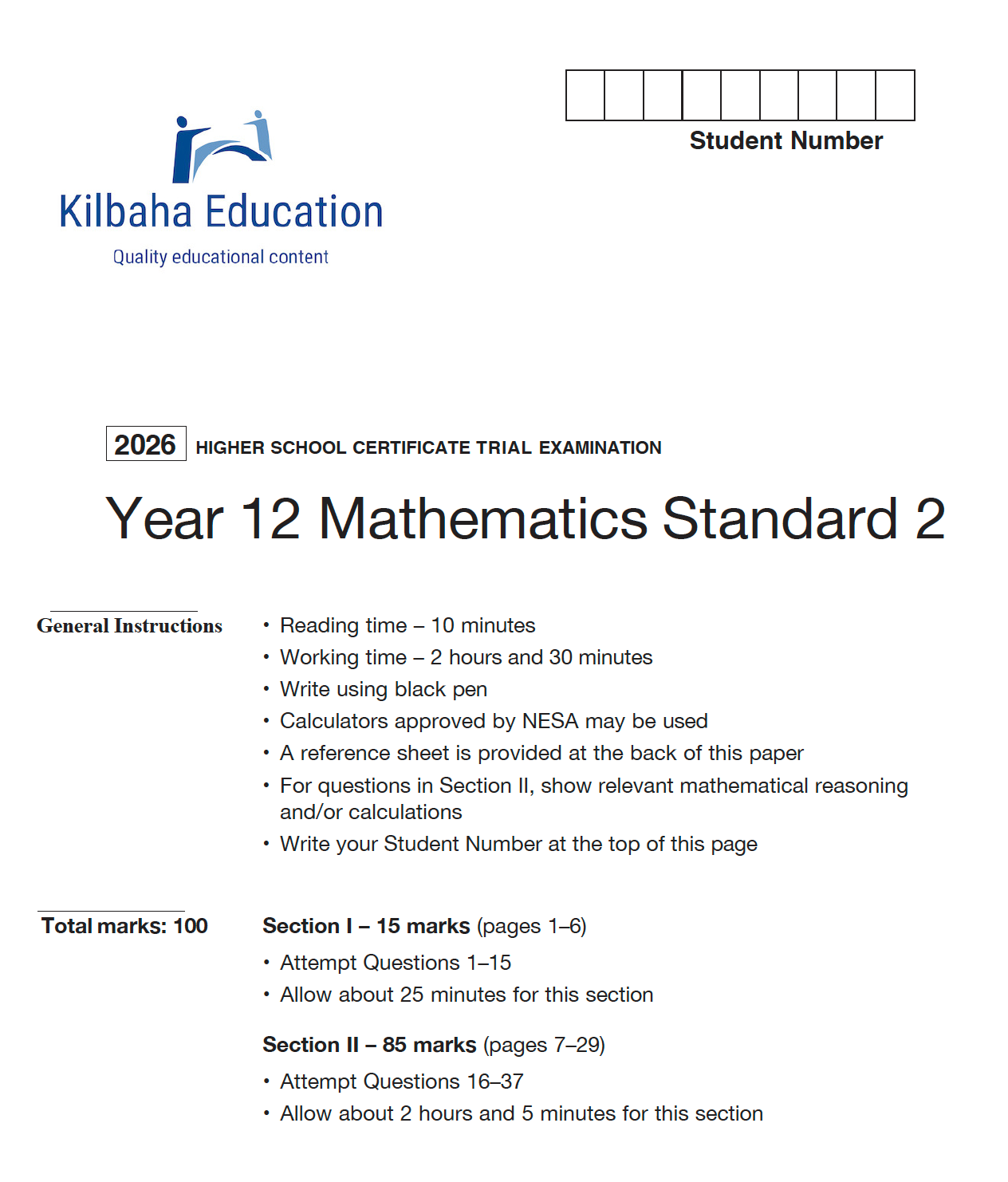 2026 NSW HSC Year 12 Mathematics Standard 2 - Trial Examination