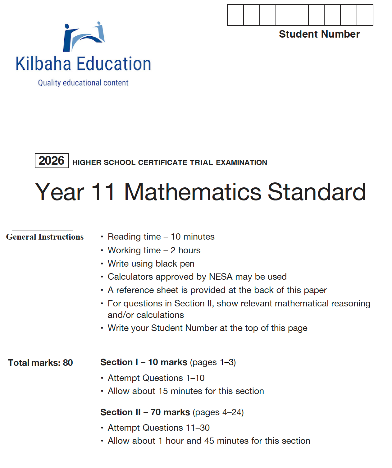 2026 NSW HSC Year 11 Mathematics Standard - Trial Examination